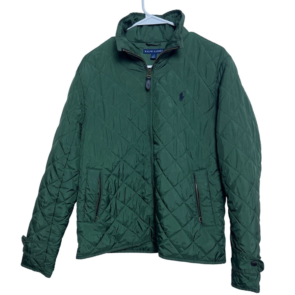 Ralph Lauren Mens Green Diamond Quilted Full Zip Jacket Mock Neck L Old Money